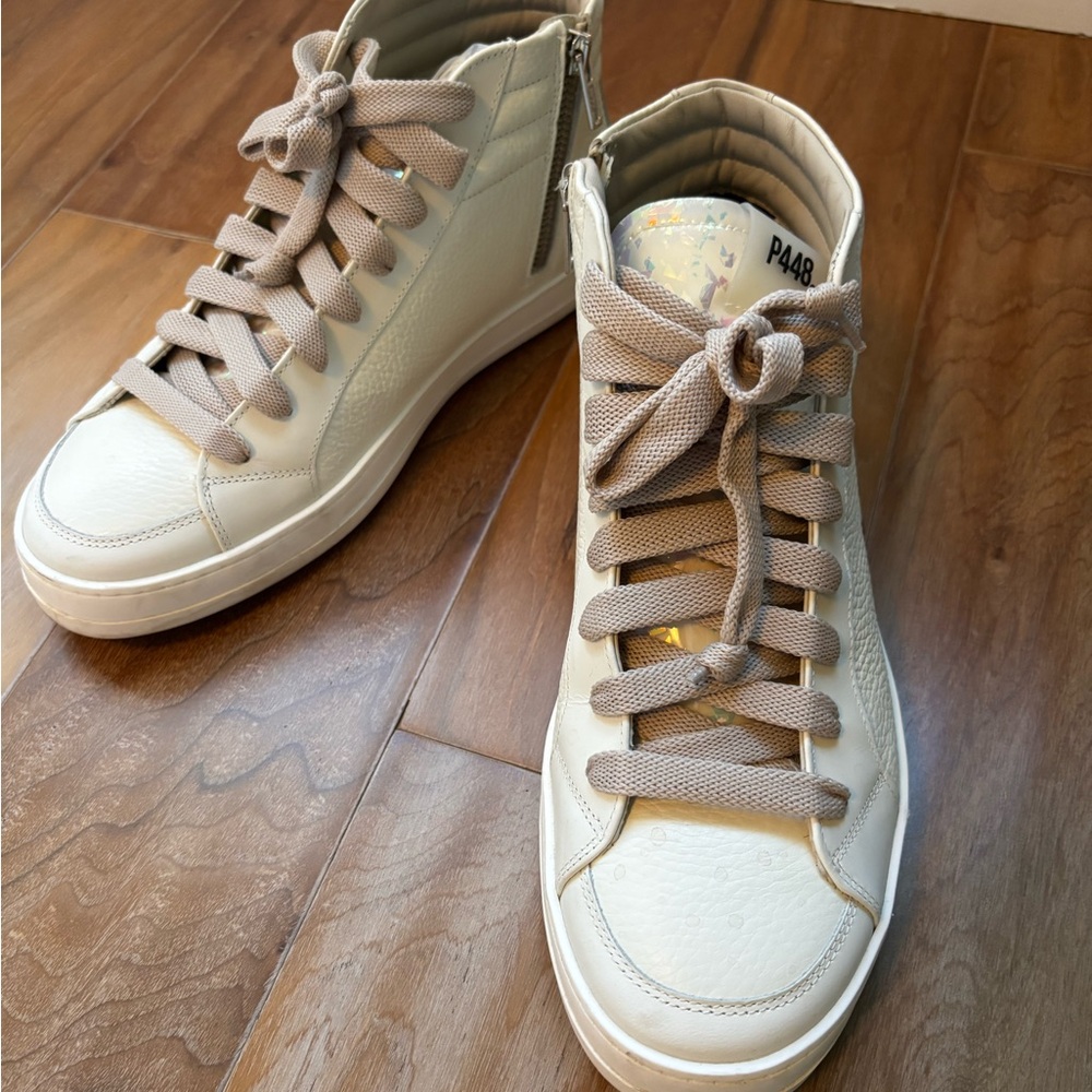 P448 Skate High-Top Sneakers white, iridescent tongue, pink laces EU 40 9.5 - Picture 2 of 5